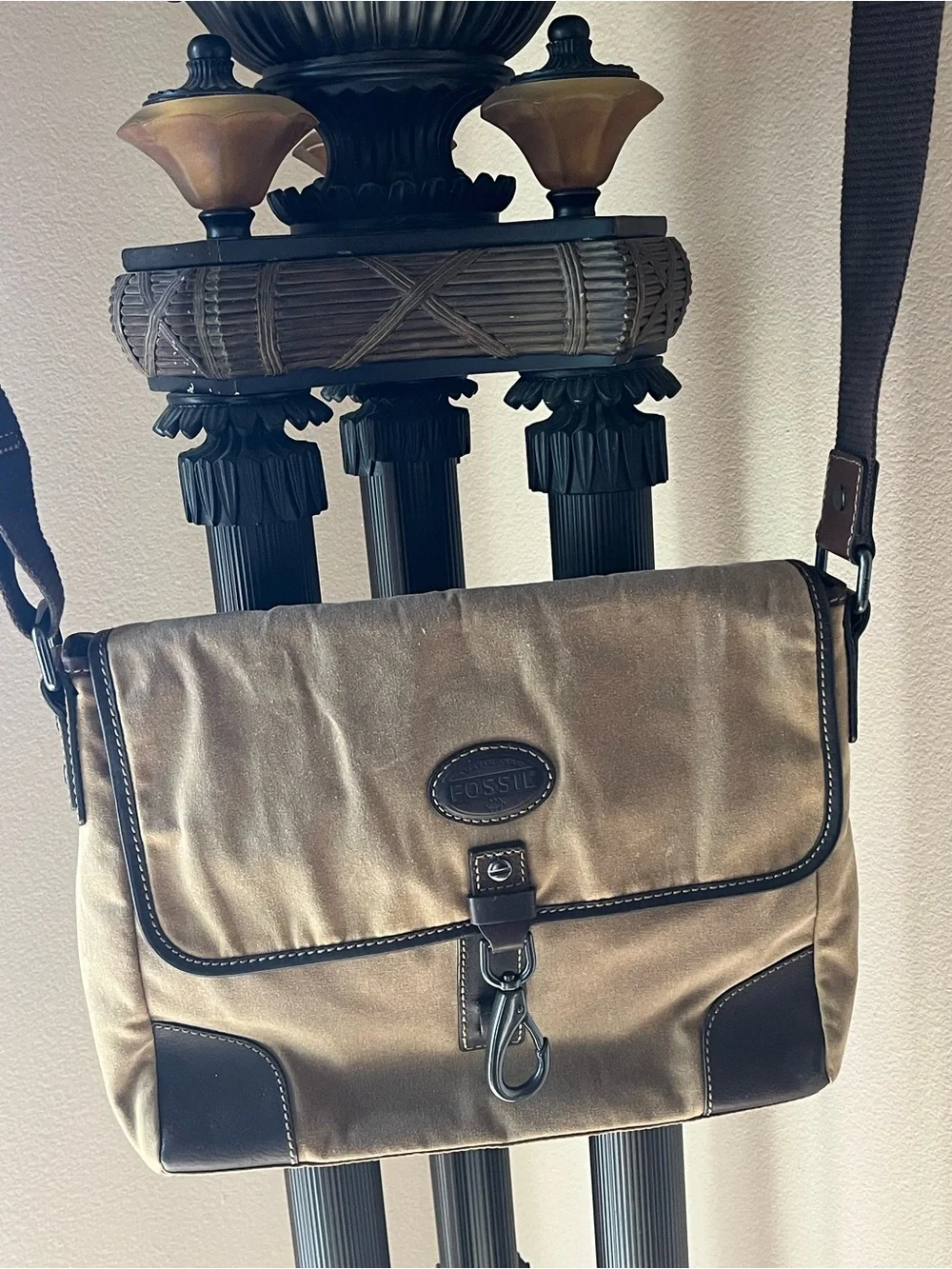 Fossil Brown and Dark Brown Canvas Messenger Bag